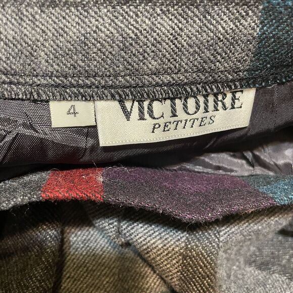 Vintage VICTOIRE Wool Plaid Skirt Gray Blues Size 4 Petite Button Side Academia - Picture 4 of 4